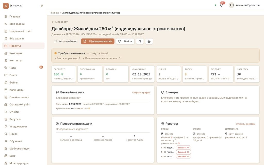 Дашборд проекта: светофор состояния, плитки показателей, вехи и реестры