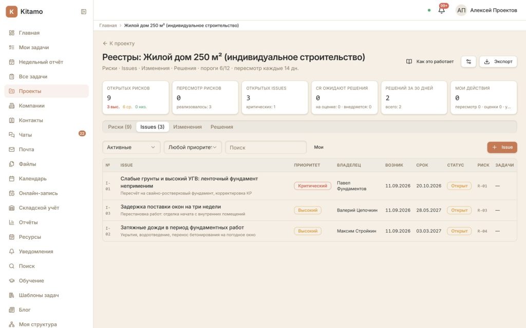 Журнал проблем проекта с владельцами, сроками и влиянием